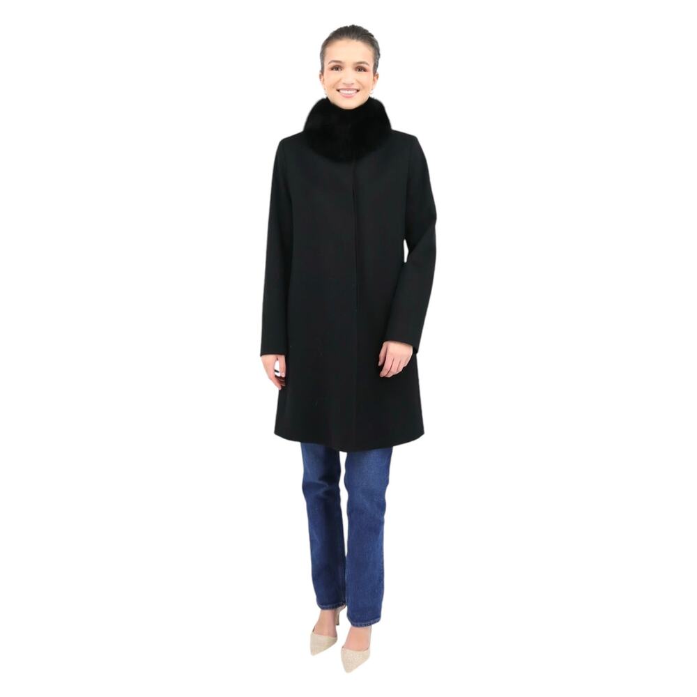 Fleurette Loro Piana Italian Wool Black Fox Fur Trim Collar Coat Size 10 - Picture 2 of 16